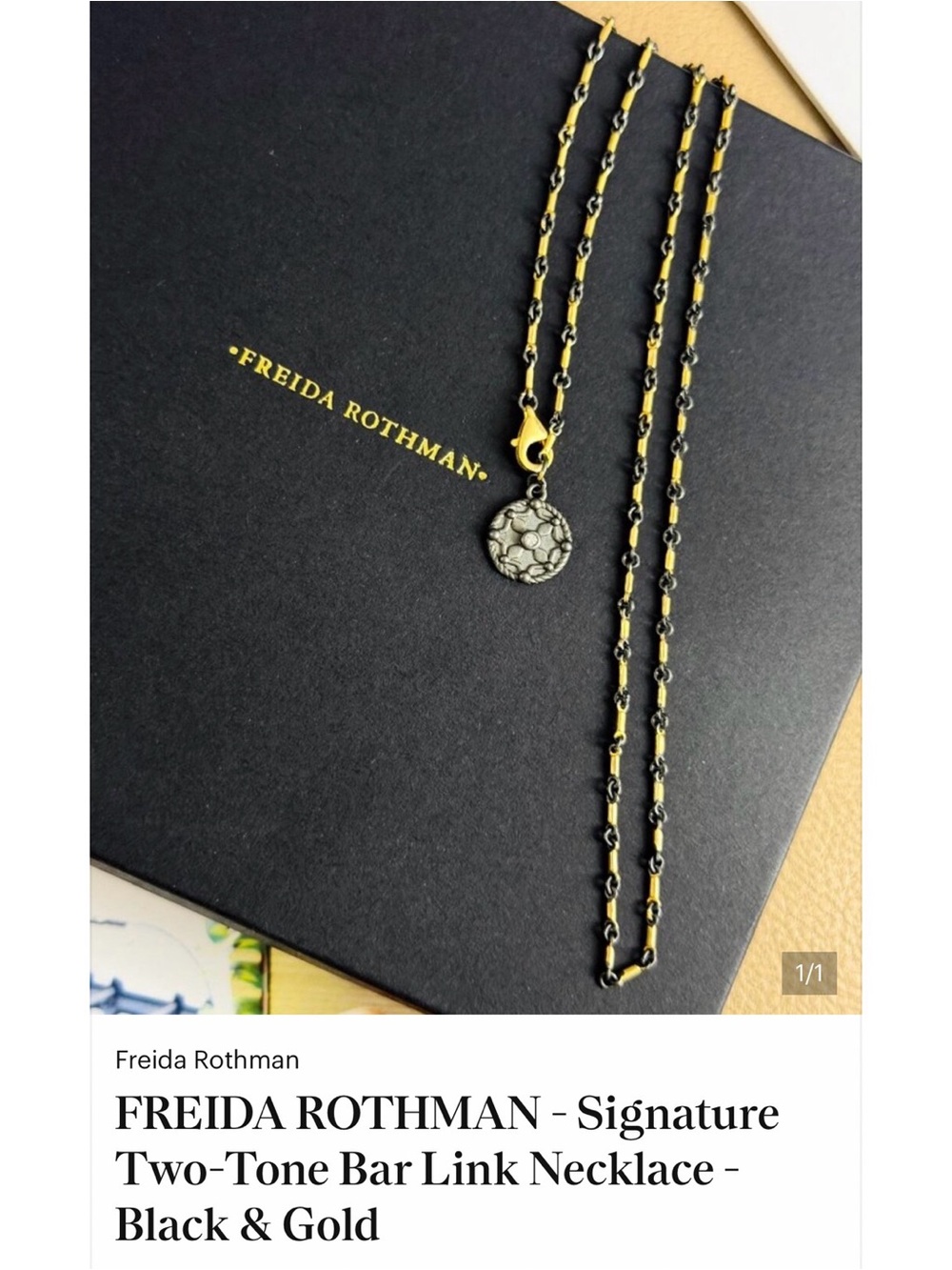 Freida Rothman Two-Tone Signature Bar Link Chain Necklace in Gold & Black - Picture 2 of 6